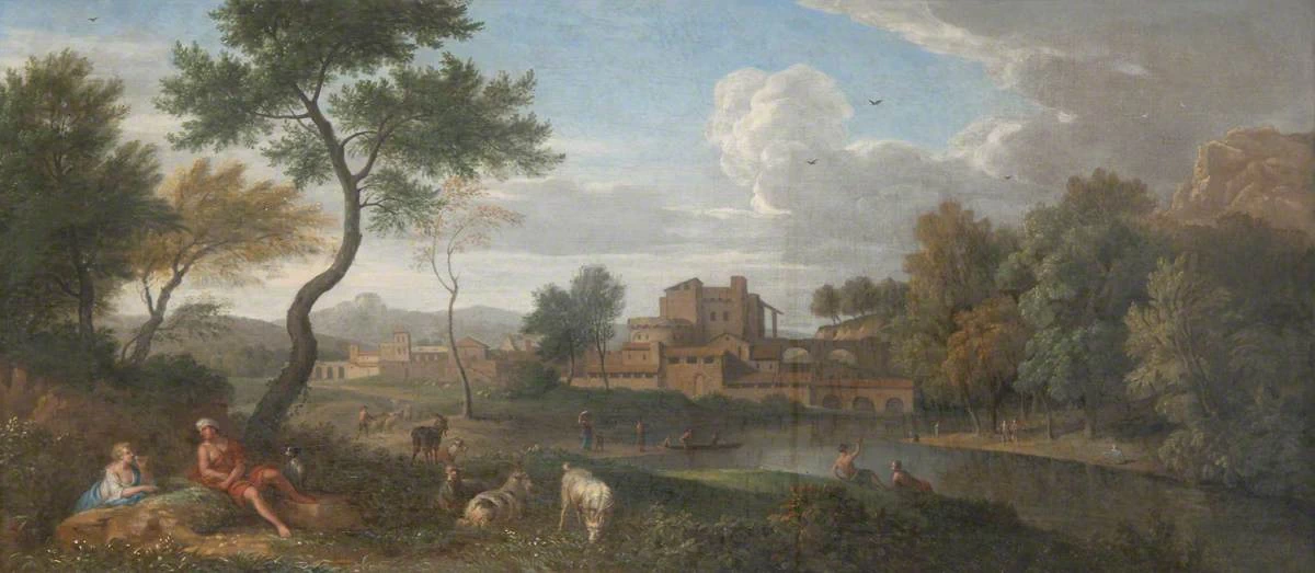 Paesaggio fluviale italiano con figure e una città da un fiume